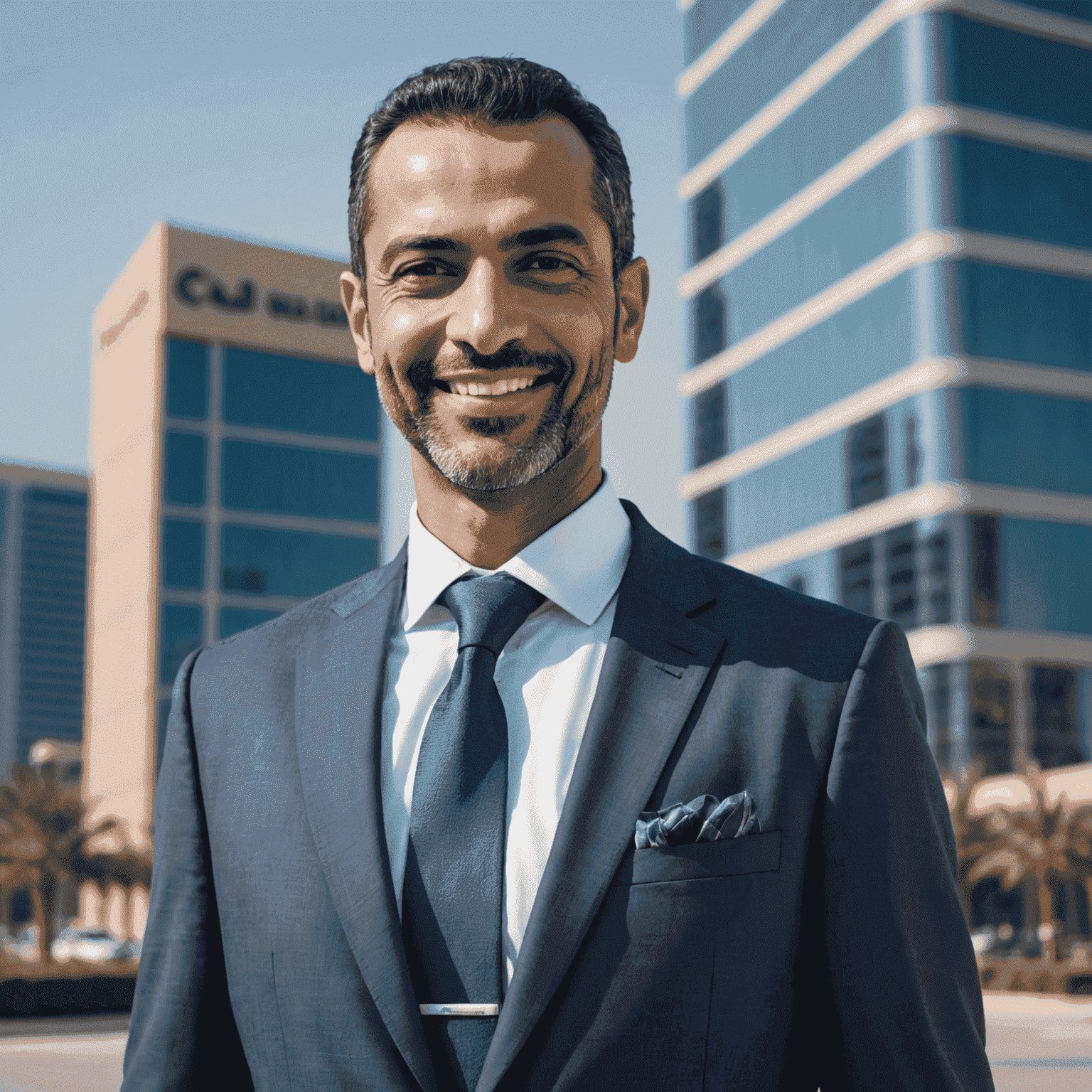 A portrait of Ahmed, a middle-aged man with a friendly smile, wearing a professional suit, standing in front of a modern office building in Dubai