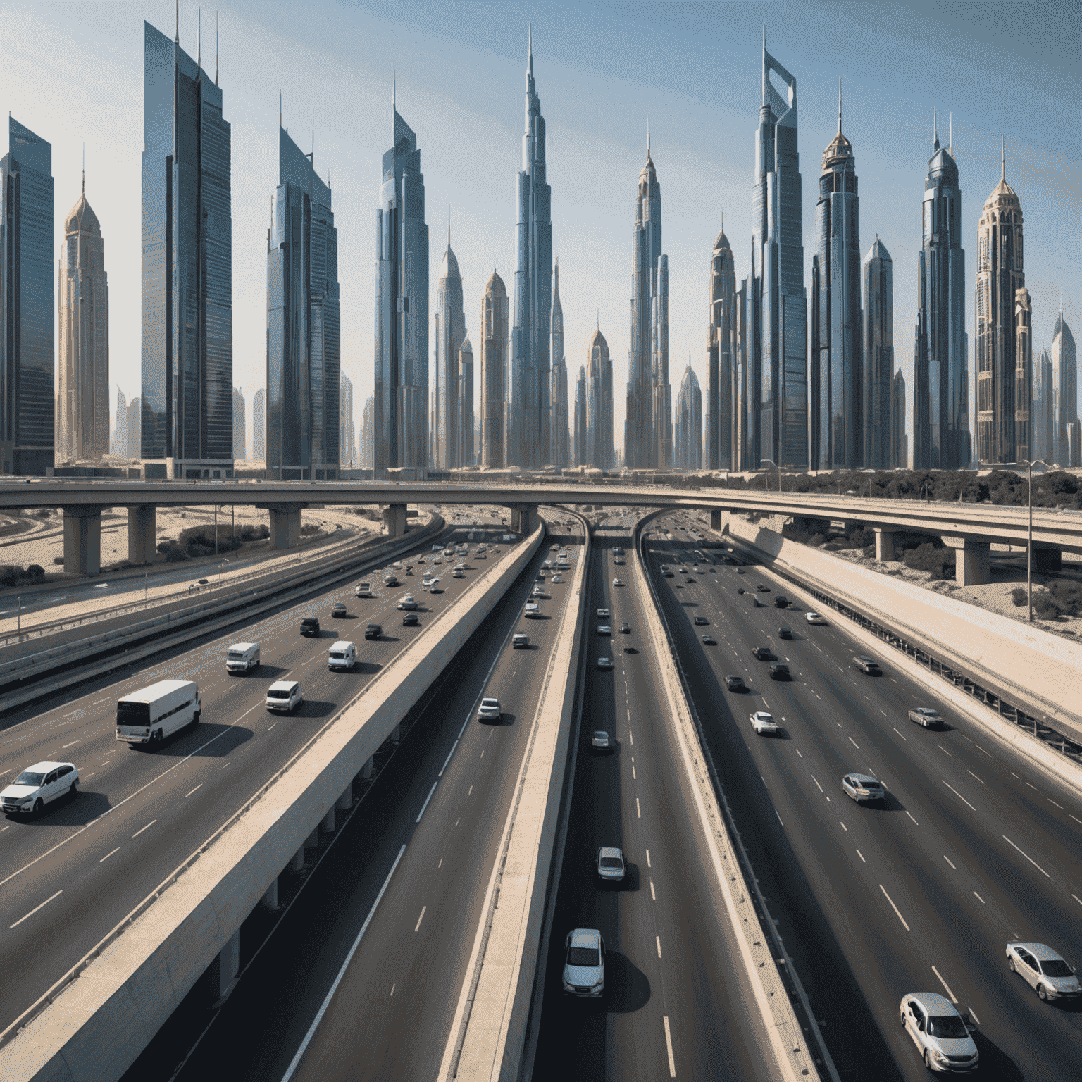 Panoramic view of a modern multi-lane highway in UAE with iconic skyscrapers in the background, showcasing the advanced transport infrastructure