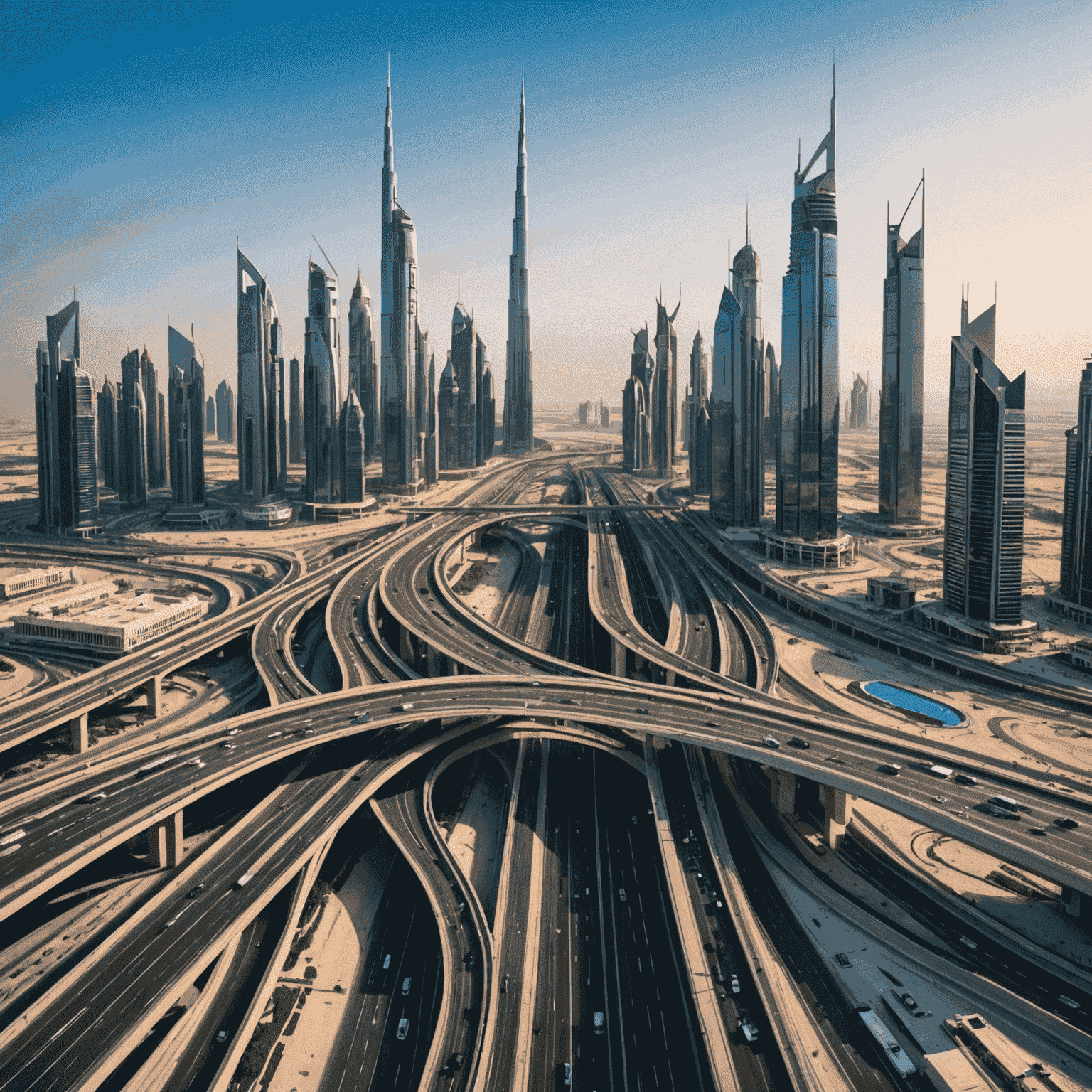 Aerial view of a modern highway intersection in Dubai with futuristic skyscrapers in the background, showcasing the advanced road infrastructure of UAE