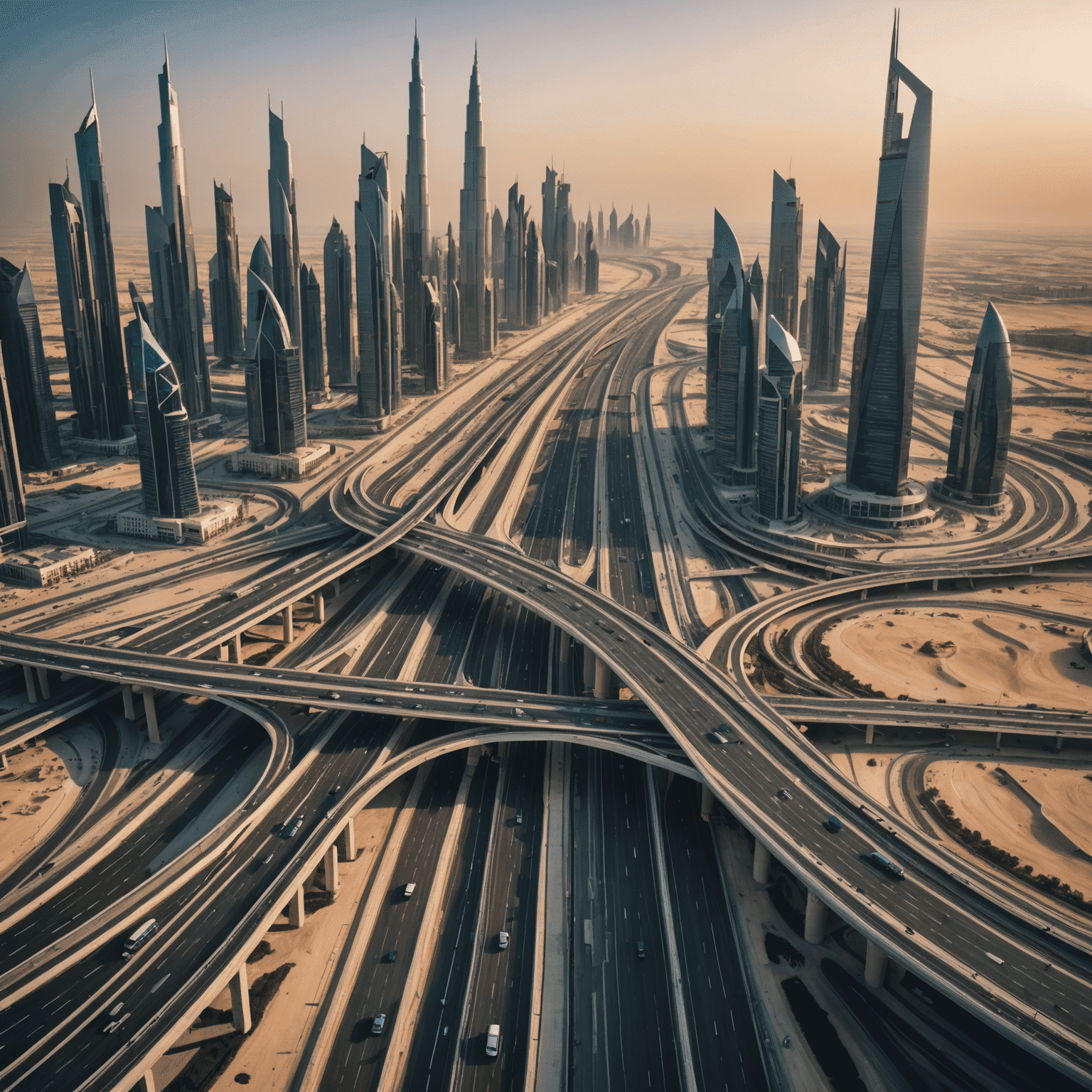 Aerial view of a modern highway system in UAE with futuristic skyscrapers in the background, showcasing the advanced road infrastructure