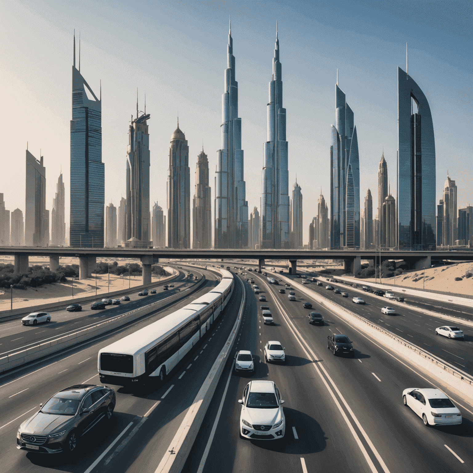 A panoramic view of a modern UAE highway with sleek cars and iconic skyscrapers in the background, symbolizing the advanced transport infrastructure