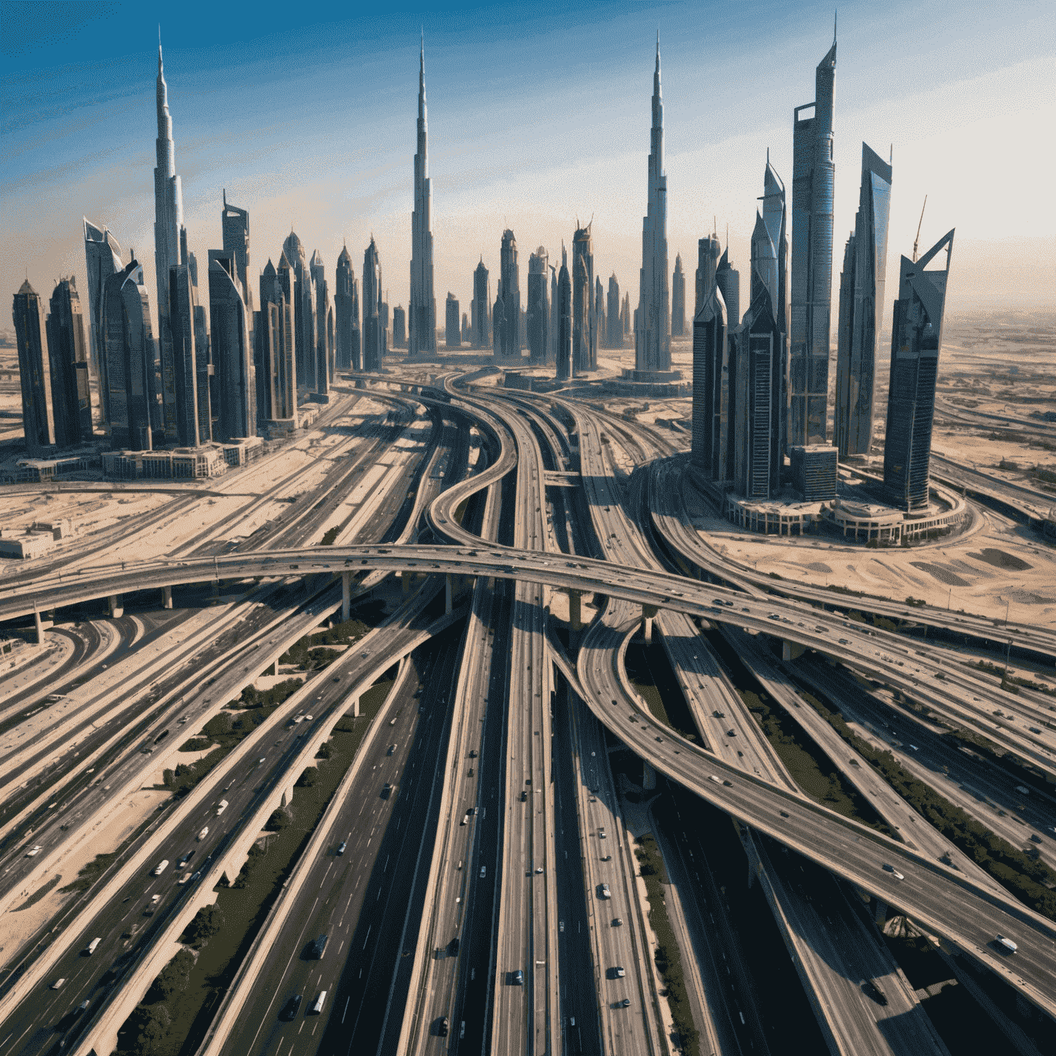 Aerial view of Dubai's modern highway system with iconic skyscrapers in the background, showcasing the advanced transport infrastructure of UAE