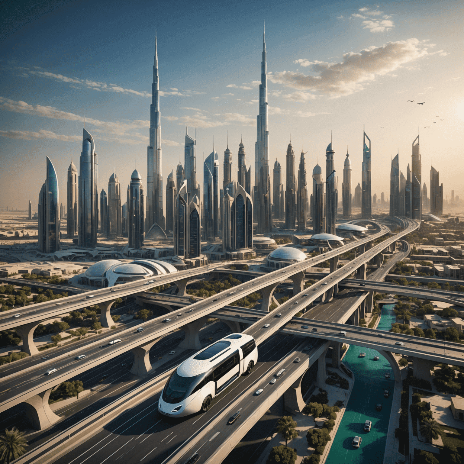 Futuristic Dubai skyline with advanced transport systems, including autonomous vehicles and smart traffic lights