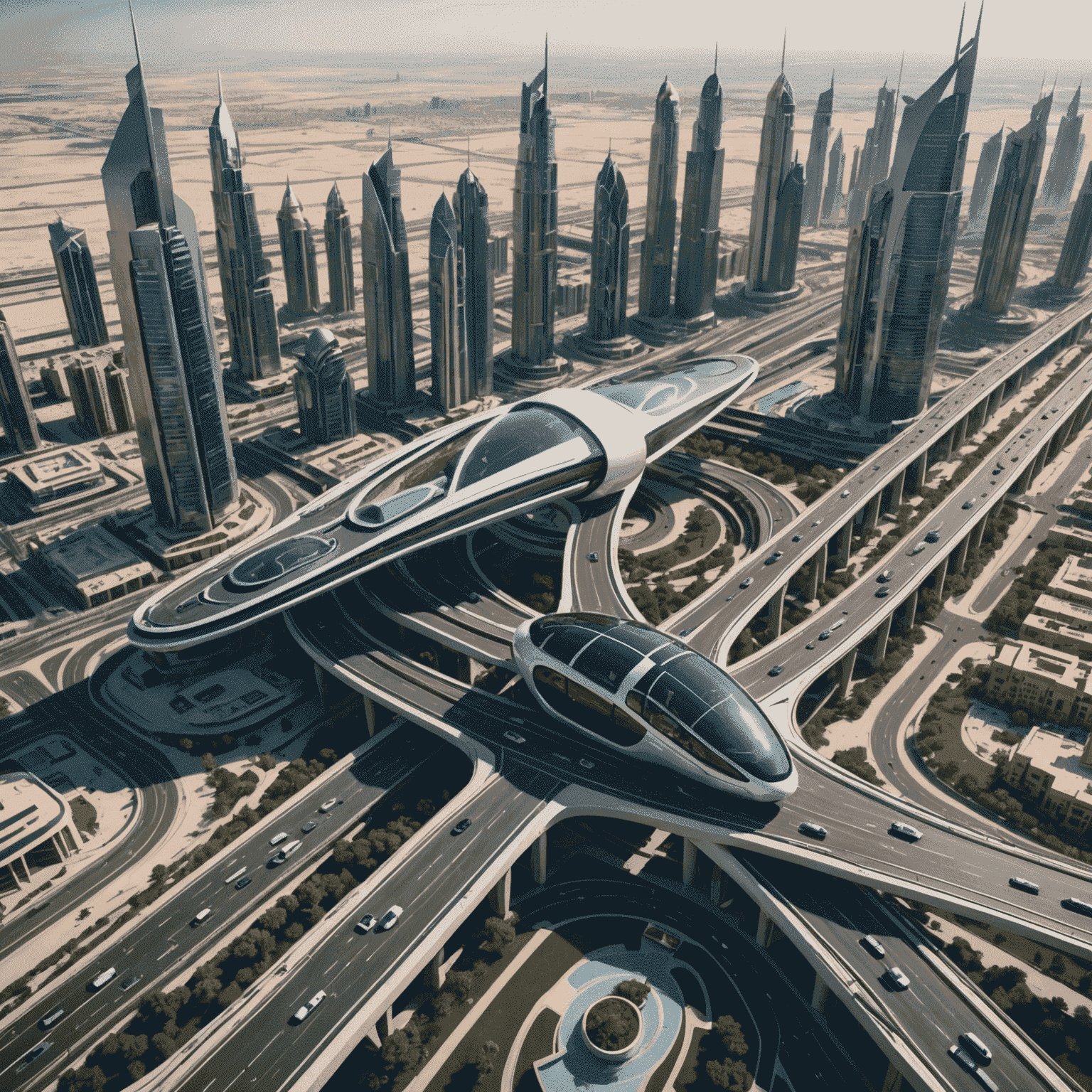 Futuristic aerial view of Dubai's skyline with advanced transport systems, including flying taxis, hyperloop tracks, and smart highways