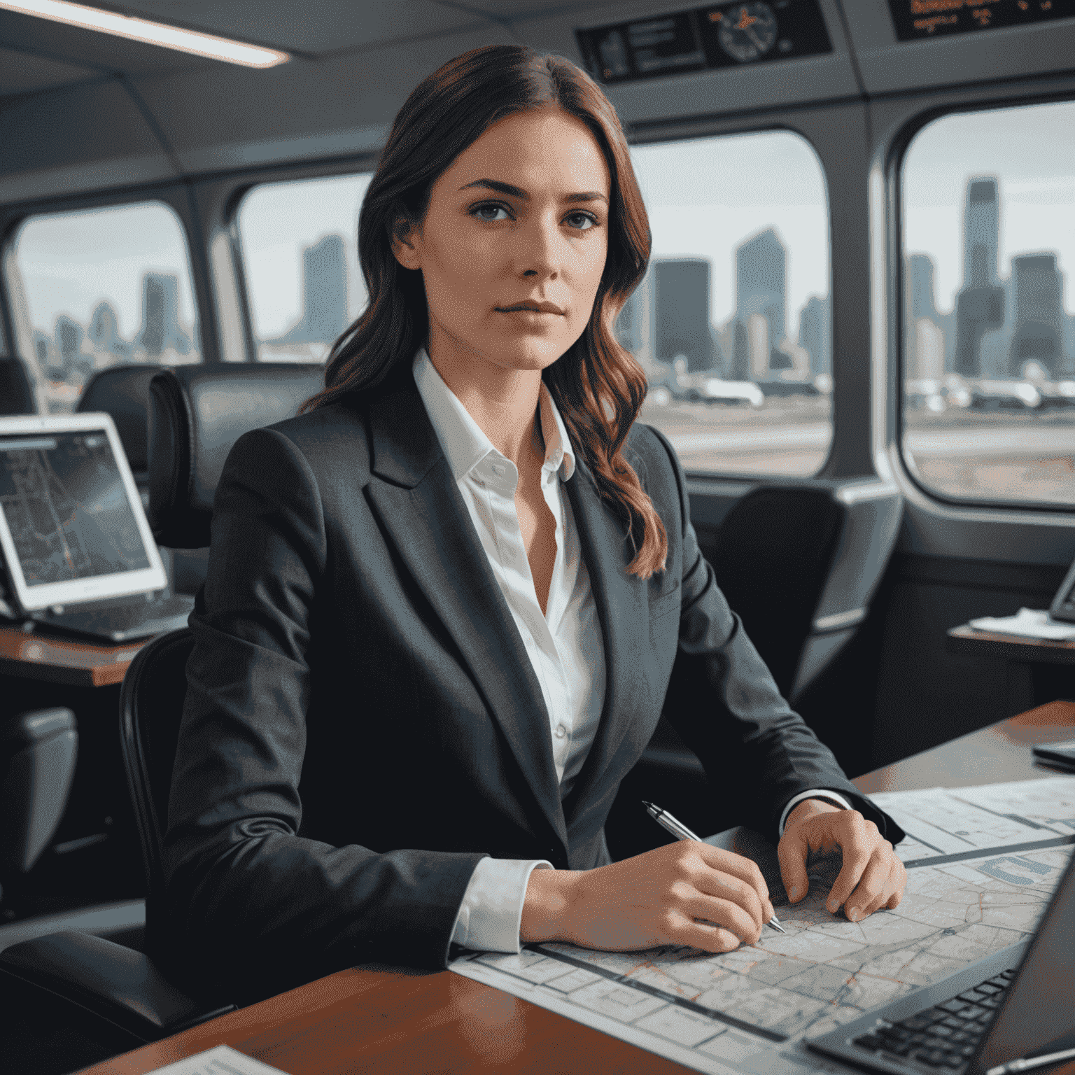 A portrait of Sarah, a young woman with a confident expression, wearing business attire, sitting at a desk with transport plans spread out in front of her