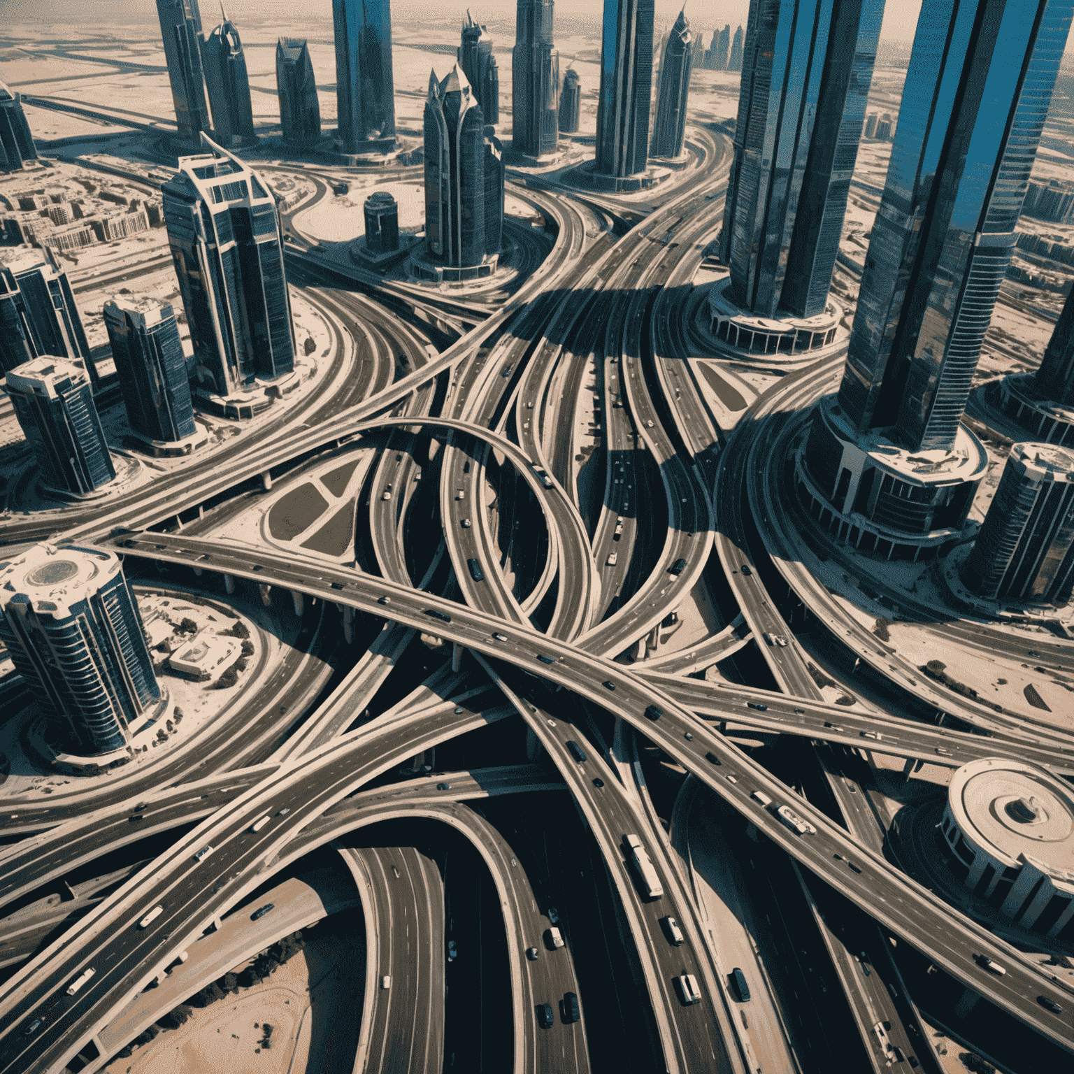 Aerial view of a modern highway intersection in Dubai with futuristic skyscrapers in the background, showcasing the advanced road infrastructure of UAE