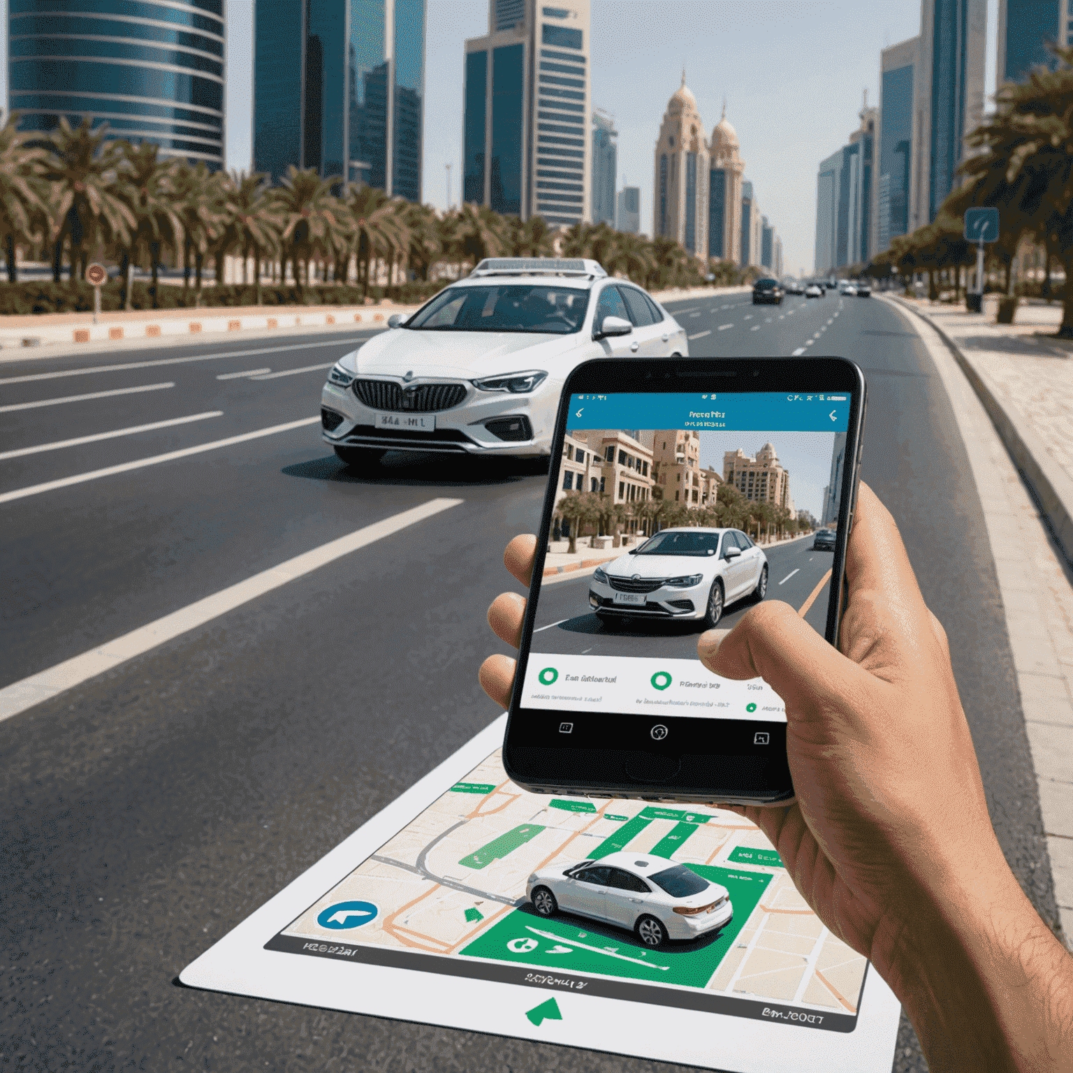 A person using a smartphone to top up their road plan, with UAE road signs and a sleek car in the background, emphasizing the ease of topping up transport plans