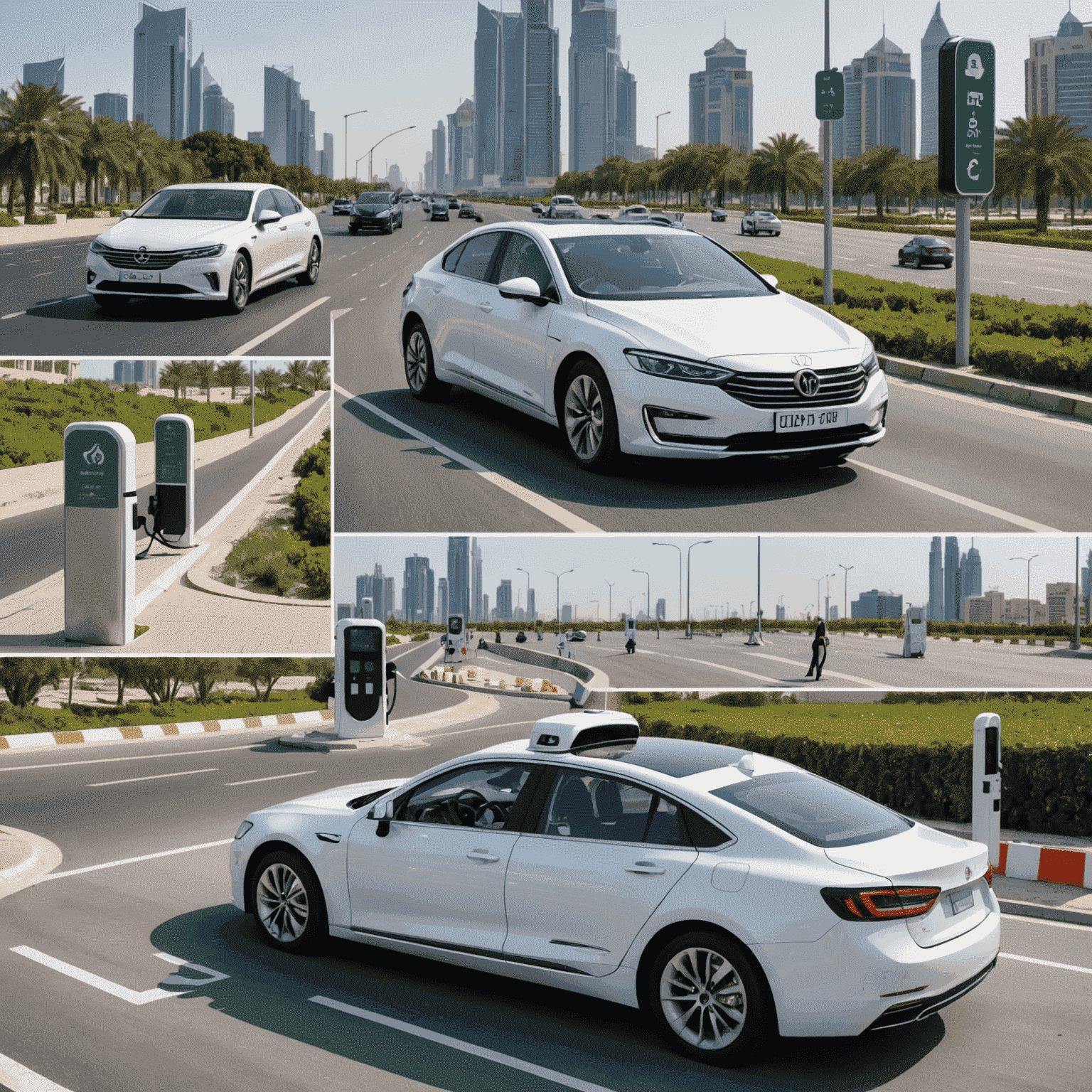 A collage showing various aspects of UAE road plans: a driver using a smartphone app to top up a road plan, an electric vehicle charging station, and a smart traffic management system in action