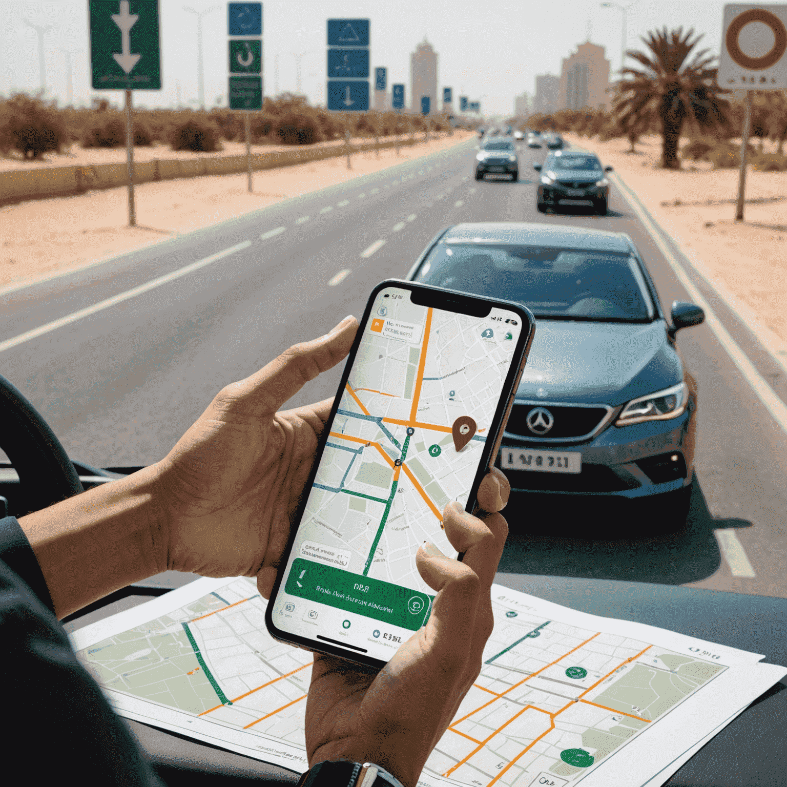 A person using a smartphone to top up their road plan, with UAE road signs and a car dashboard in the background