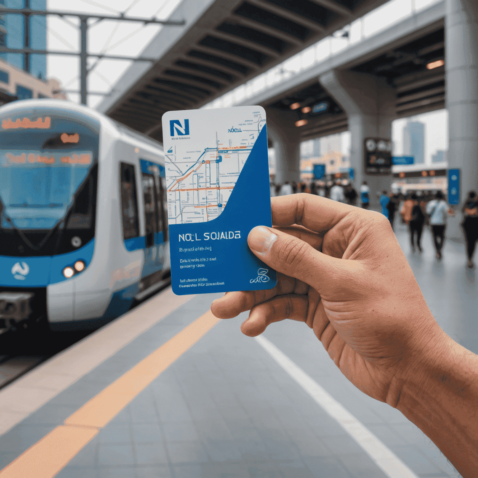 A hand holding a Nol card in front of a Dubai Metro station, symbolizing easy access to public transport in UAE