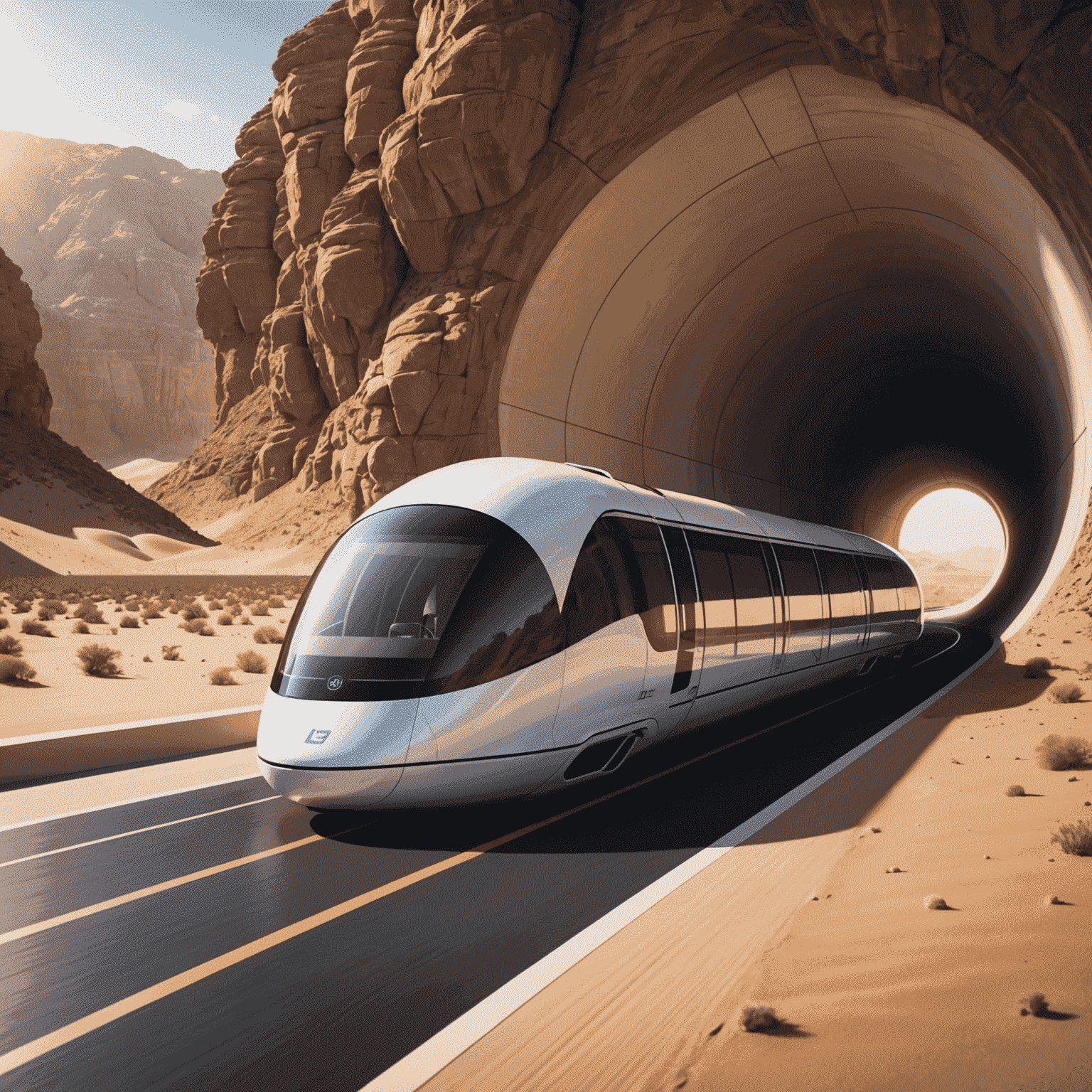 Conceptual render of a hyperloop pod speeding through a tunnel with the UAE desert visible through transparent sections