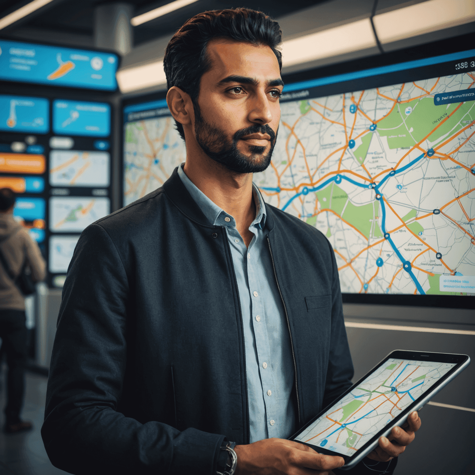 A portrait of Mohammed, a man in his 30s with a tech-savvy look, wearing smart casual clothes, standing next to a large touchscreen displaying transport route maps