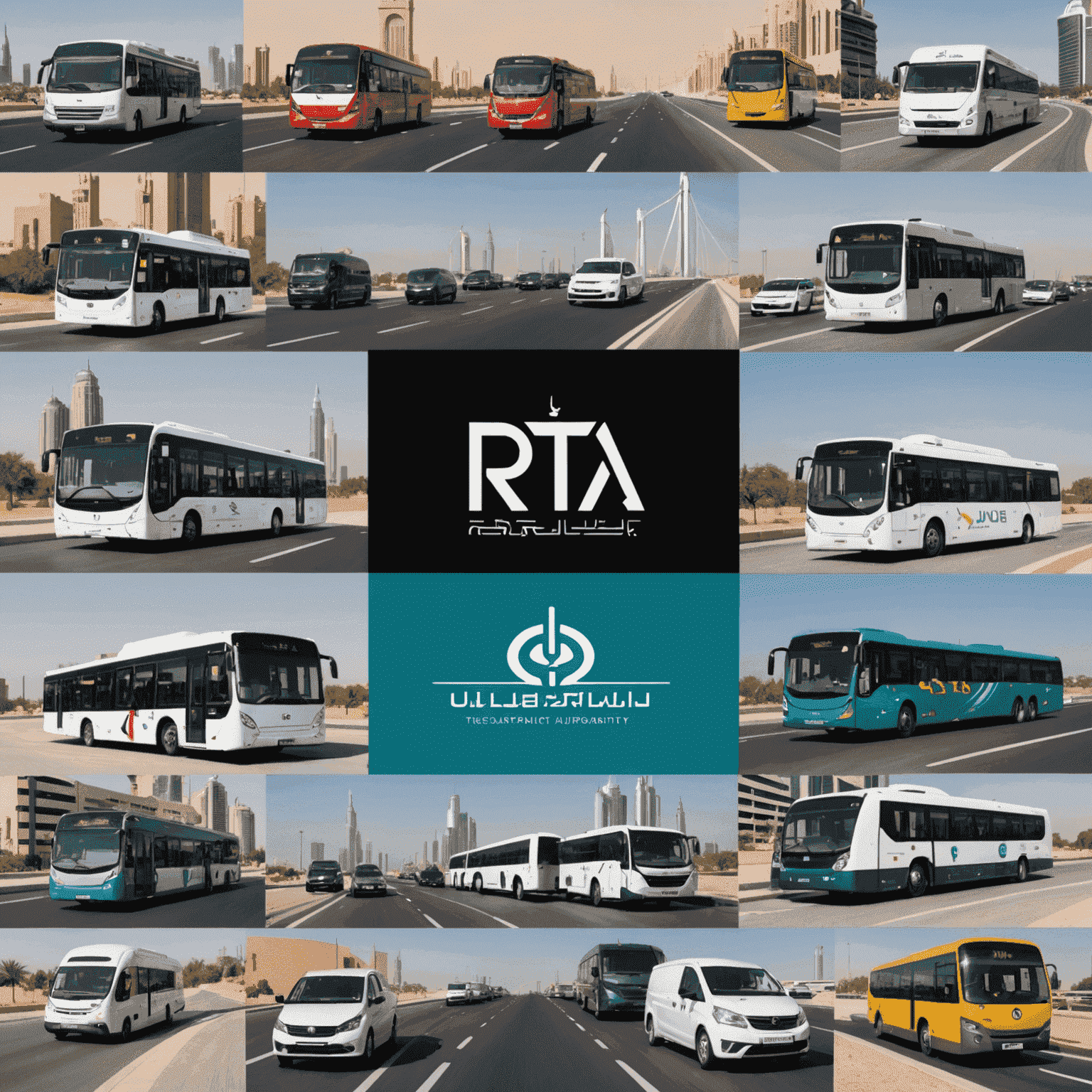 Collage of various RTA logos and symbols, alongside images of different transport modes in UAE, representing the diverse Road & Transport Authority plans