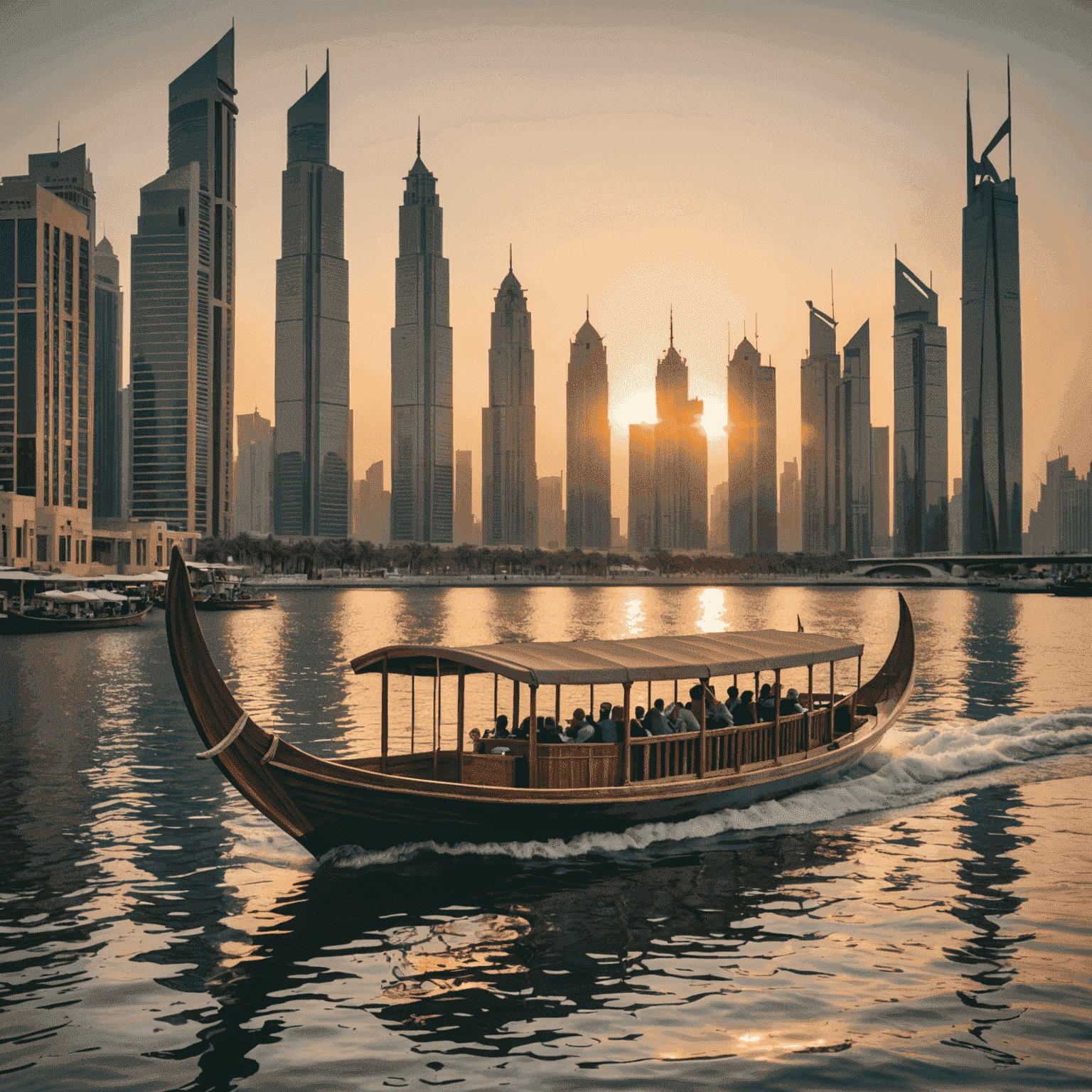 Traditional wooden abra boat crossing Dubai Creek at sunset, with modern skyscrapers in the background, showcasing the blend of traditional and modern transport in UAE