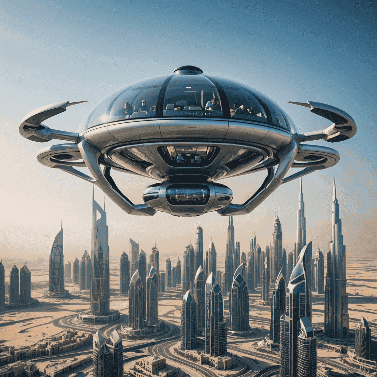 Futuristic flying taxi hovering above Dubai's skyline with passengers visible through its transparent dome