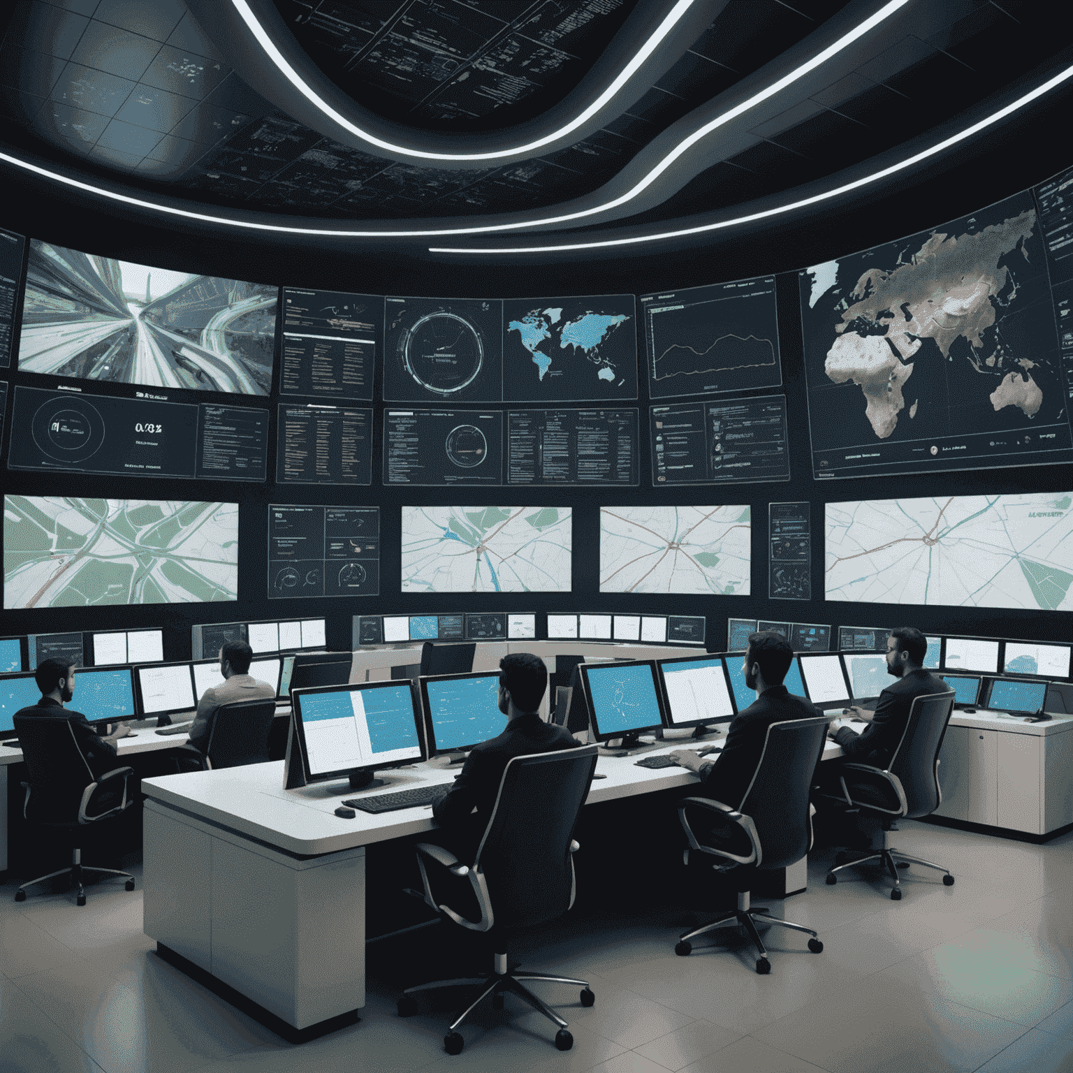 Futuristic control room with large screens displaying real-time traffic data and smart transport systems in action across UAE cities