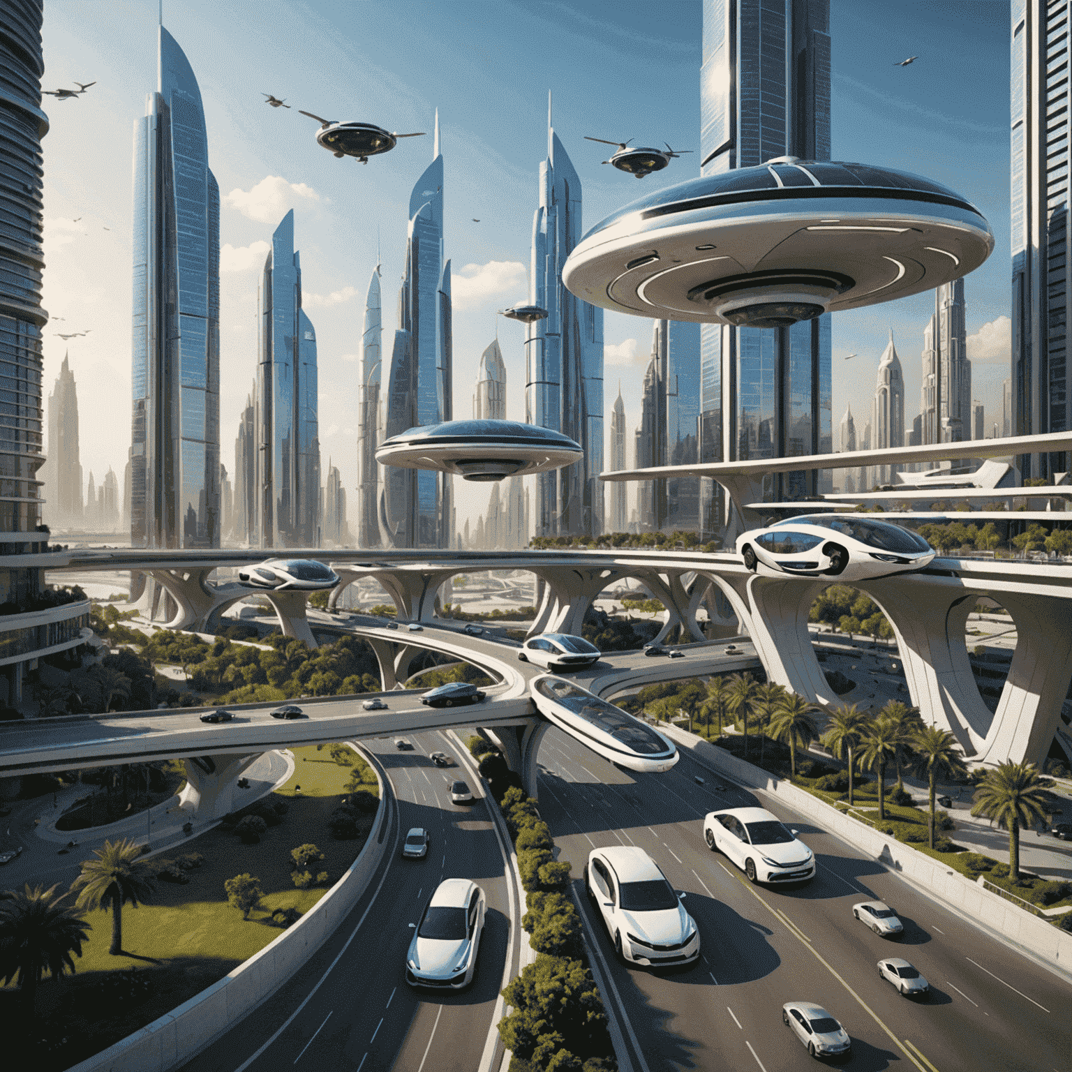 Artist's rendering of a futuristic UAE cityscape with flying cars, elevated highways, and eco-friendly public transport systems